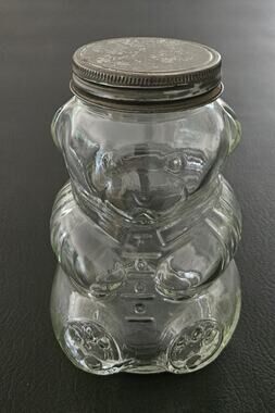 Vintage Kraft Teddy Bear Glass Jelly Jam Jar Screw-top Metal Lid 6" Tall